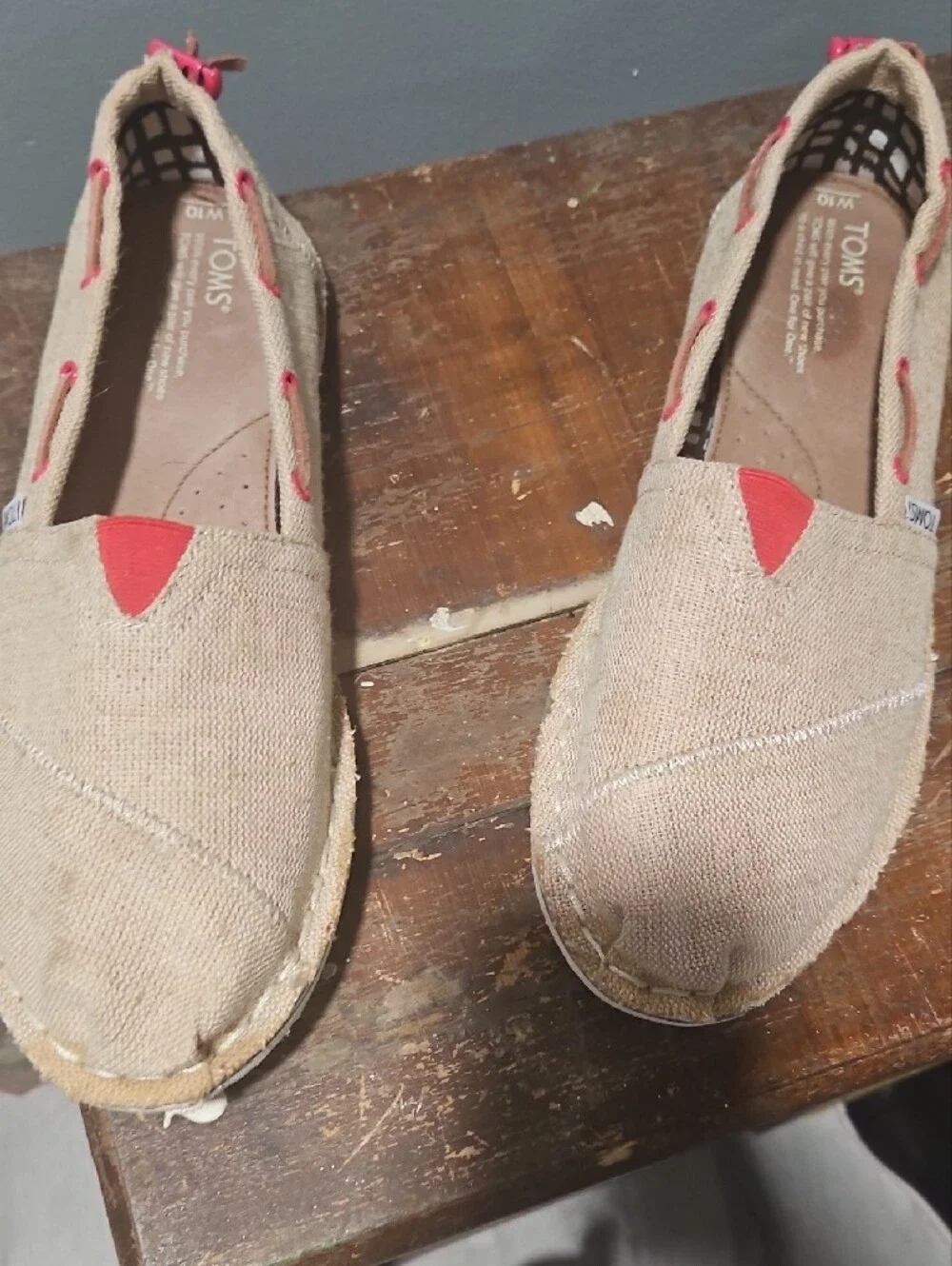 TOMS Natural Canvas Slip-On Shoes with Coral Accents